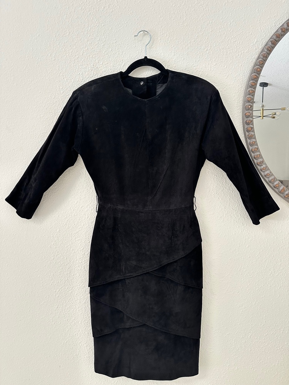 Lord & Taylor Vintage Black Suede Long Sleeve Knee Length Dress
